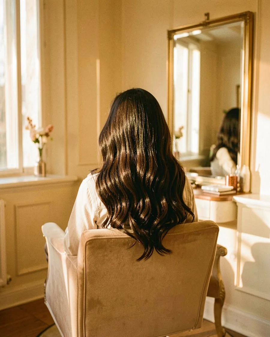 A client seen from behind in a sunlit salon chair, with long glossy brunette waves.