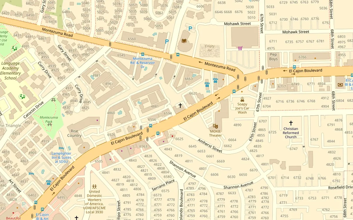 Street map around 6602 El Cajon Boulevard in San Diego.